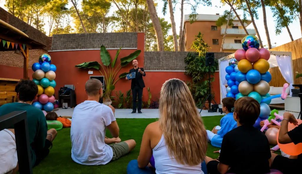 Espectáculo de magia de salón para aniversarios al aire libre con público familiar disfrutando del show