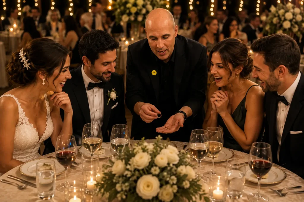 Mago realizando magia itinerante durante una boda con invitados sorprendidos