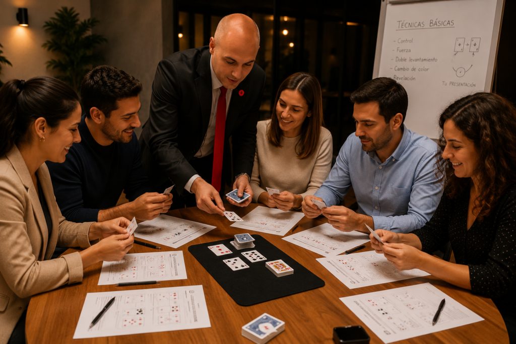 Participantes de un teambuilding de magia para empresas practicando juegos de cartas, siguiendo instrucciones y colaborando en equipo.