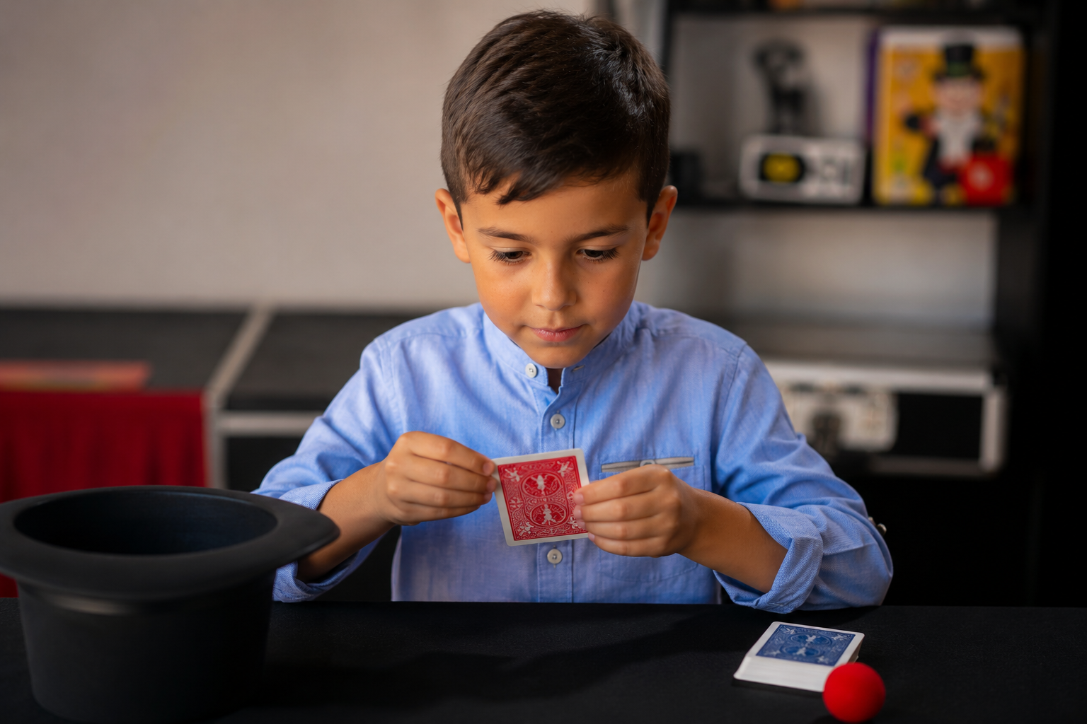 Niño aprendiendo un juego de magia durante un taller de magia para comuniones