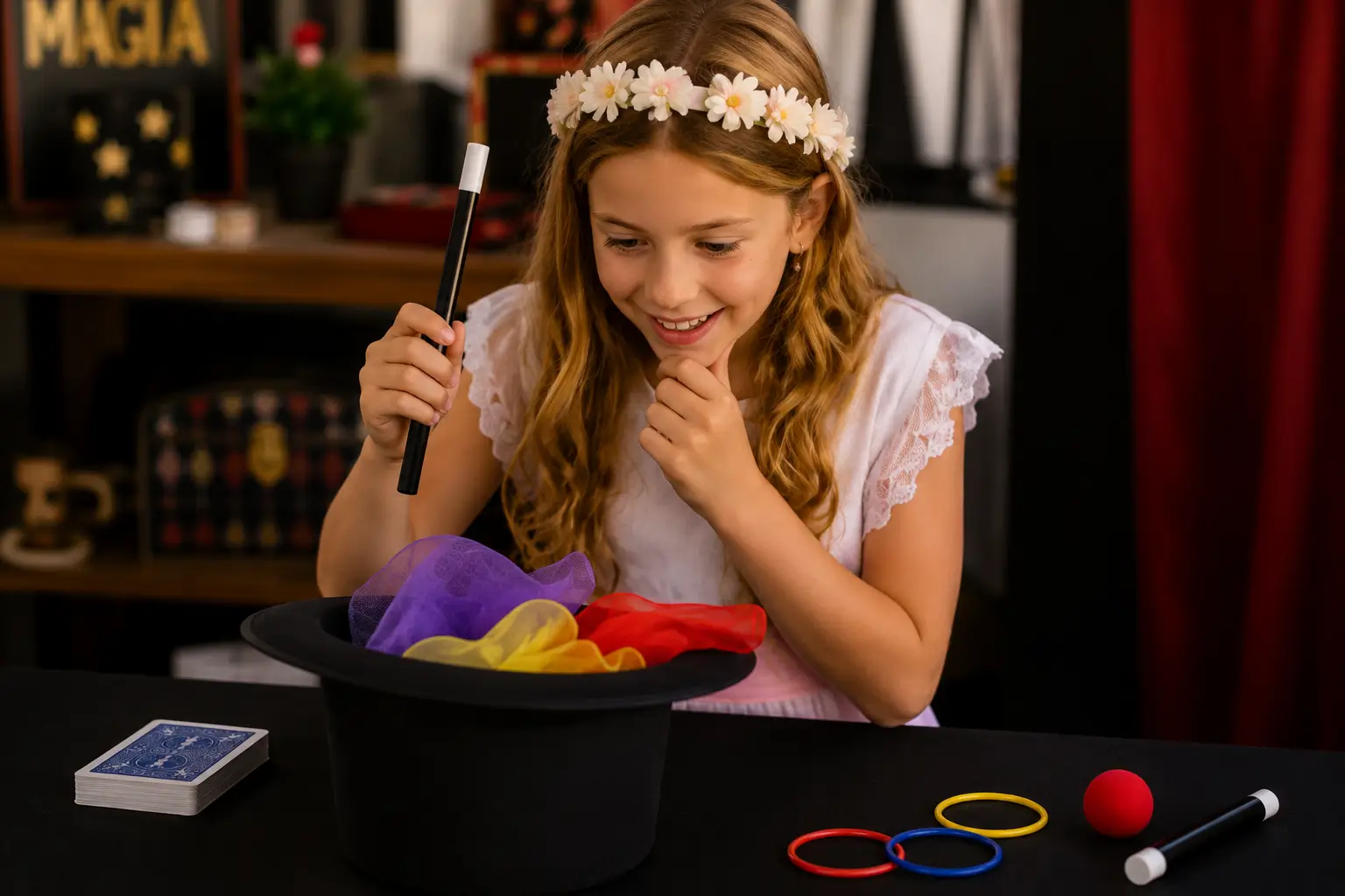 Niña participando en un taller de magia para comuniones desarrollando su creatividad e imaginación