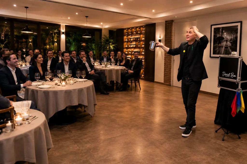 Daniel Reza realizando un espectáculo de magia de salón para empresas ante asistentes durante una cena corporativa en restaurante.