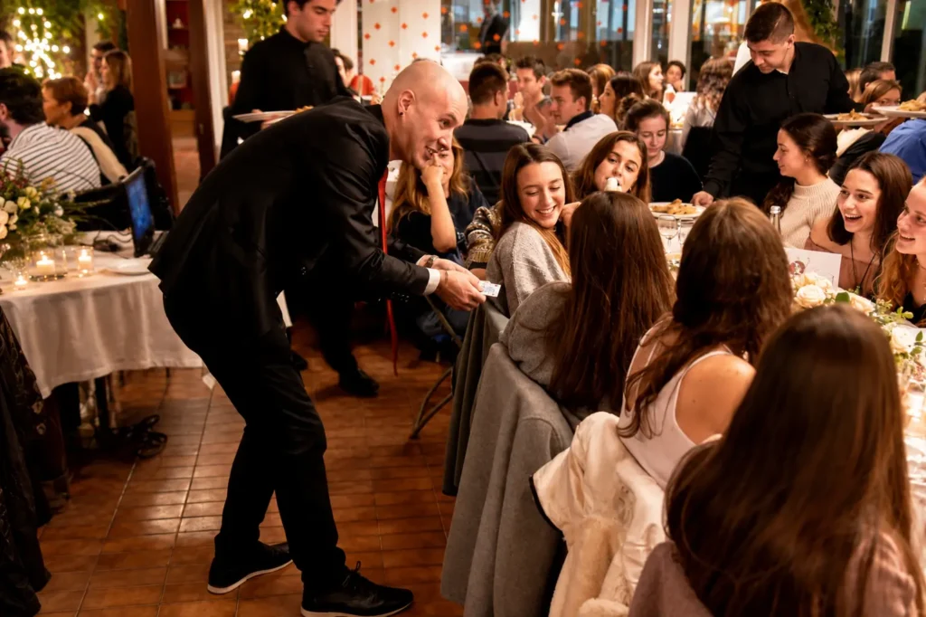 Mago realizando magia de cerca durante el banquete de una boda mientras los invitados disfrutan y participan en el espectáculo.