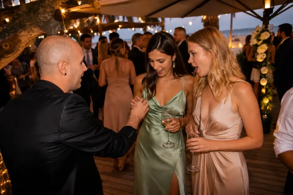 Mago realizando magia de cerca entre los invitados durante el cóctel de una boda.