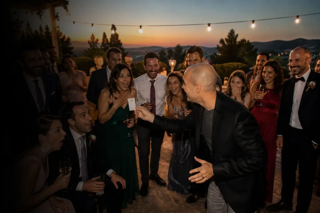 Mago realizando magia itinerante durante una boda en una terraza mientras los invitados reaccionan sorprendidos.