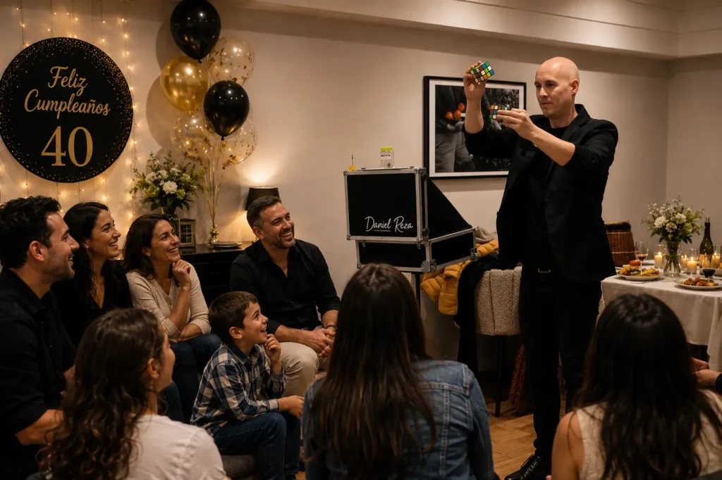 Mago realizando magia de salón con cubos Rubik durante un aniversario familiar en interior
