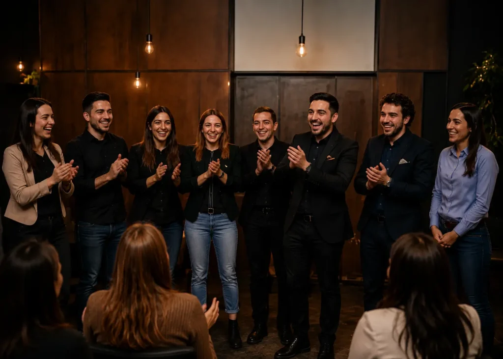 Participantes celebrando el éxito de una actividad de teambuilding de magia para empresas tras completar los retos y actuaciones en equipo.