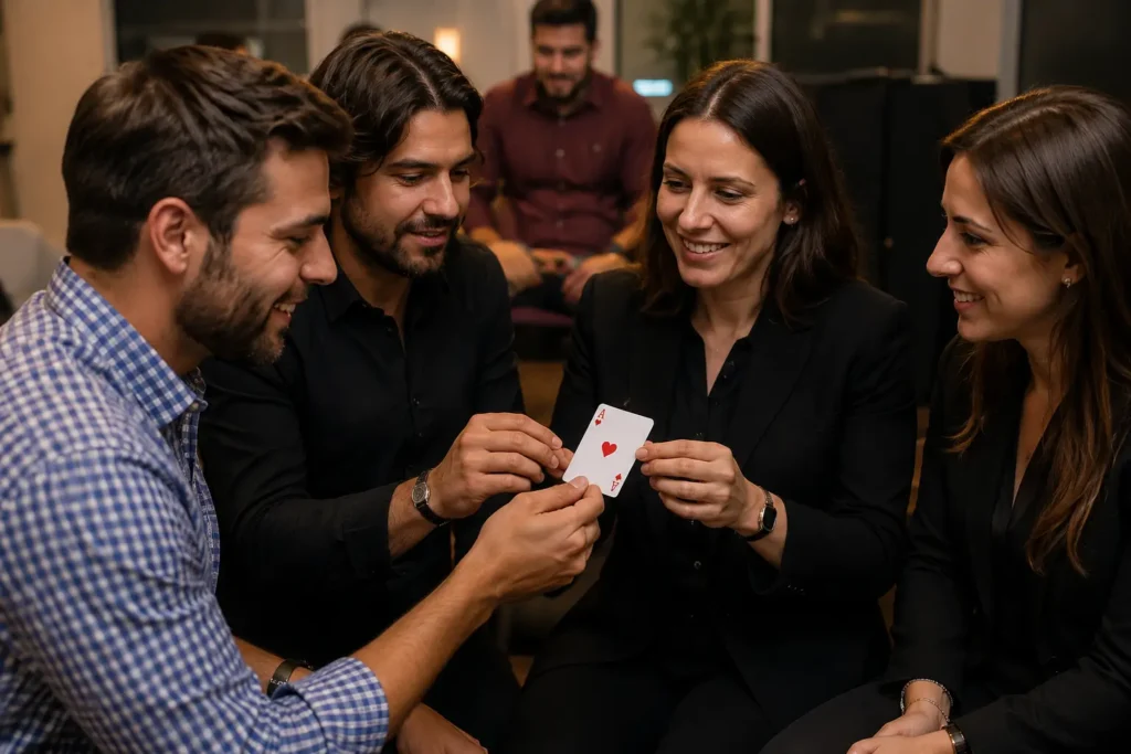 Participantes de un teambuilding de magia aprendiendo un juego de cartas y descubriendo los principios del ilusionismo en una actividad para empresas.